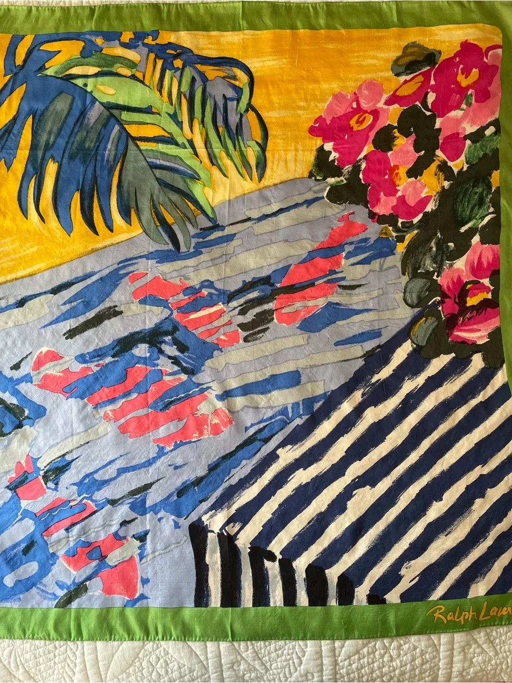 Ralph Lauren 100% Silk Multicolor Tropical Floral Silk Scarf with Green Border